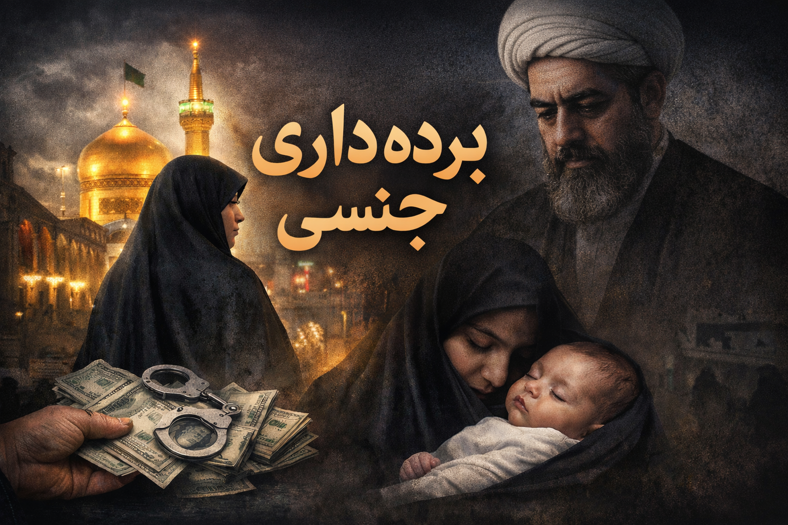 زن چادری کنار حرم با سایه مرد روحانی – برده‌داری جنسی در پوشش صیغه در ایران