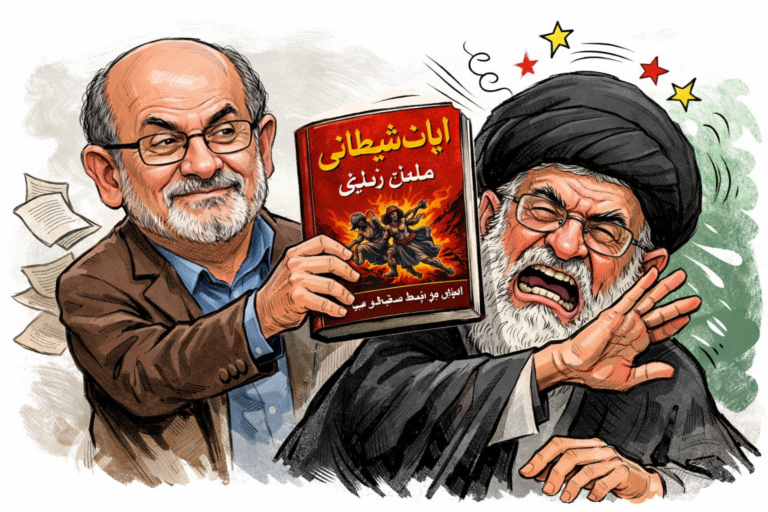 تصویر کاریکاتوری از سلمان رشدی که کتاب «آیات شیطانی» را در دست دارد و تقابل اندیشه انتقادی با اقتدار دینی را نشان میدهد